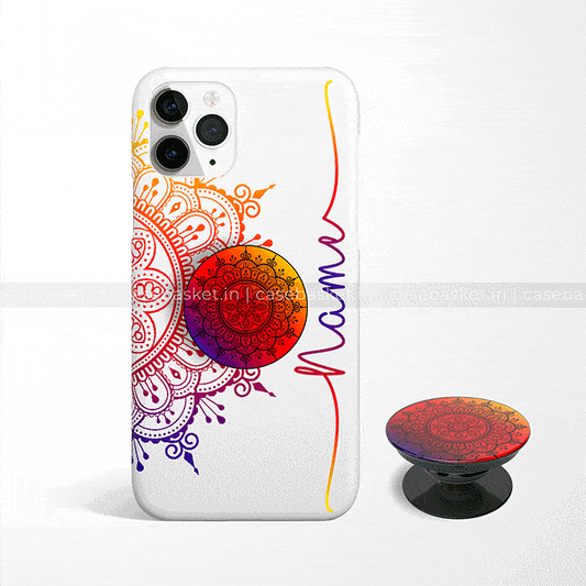 Multicolor mandala design phone case and pop socket combo for iPhone, customizable with name