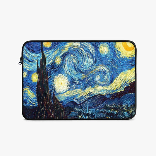 Black 17-inch laptop sleeve with Starry Night art design, protective case for laptops