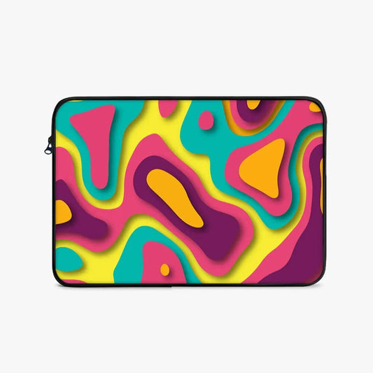 17-inch laptop sleeve with colorful abstract layered design in yellow, teal, pink, and orange