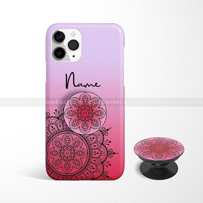 Pink ombre mobile case and matching phone grip with black mandala pattern and personalized name text