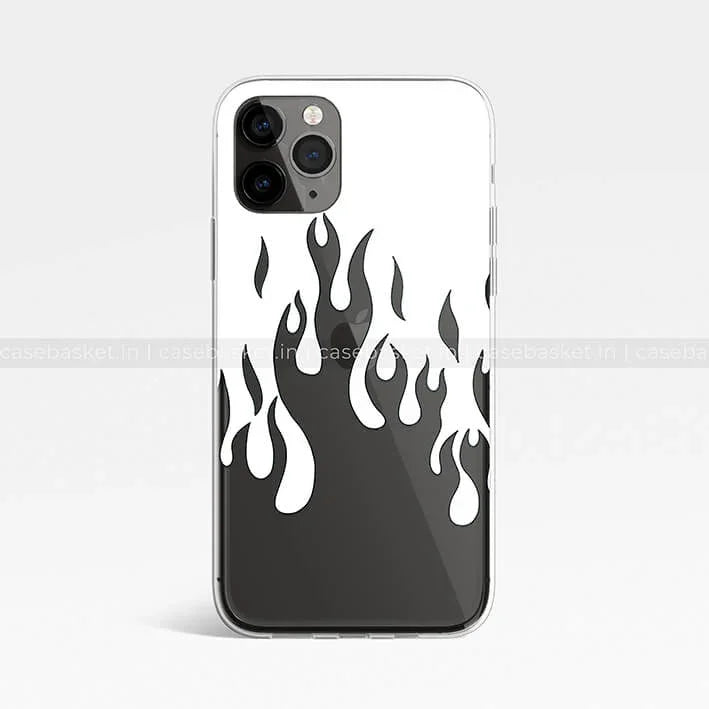 Clear phone case with bold black and white flame design for iPhone
