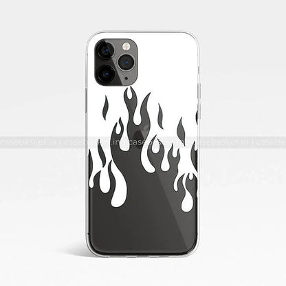 Clear phone case with bold black and white flame design for iPhone