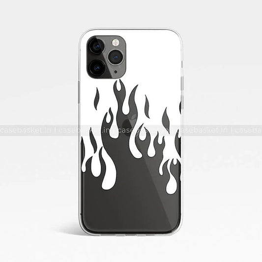 Clear phone case with bold black and white flame design for iPhone