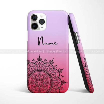Personalized pink and purple mobile phone case with black mandala design and custom name text