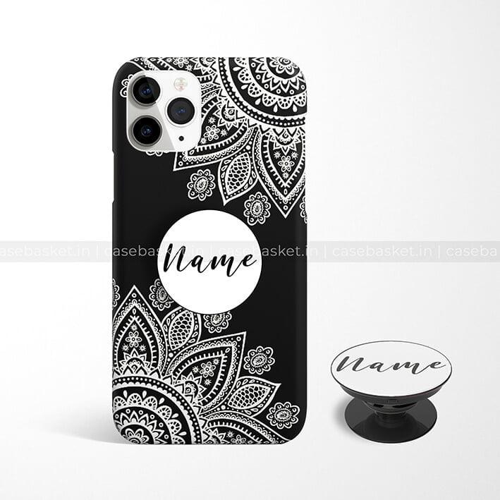 Black phone case and matching pop socket with white mandala design and customizable name text