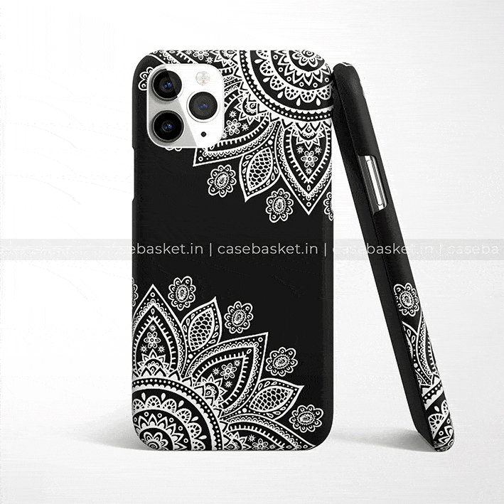 Black phone case with white mandala floral pattern for smartphone protection