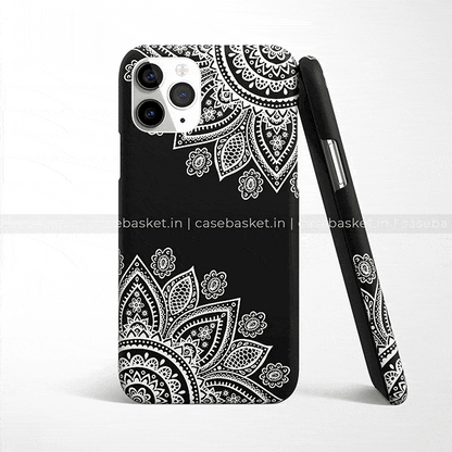 Black phone case with white mandala floral pattern for smartphone protection