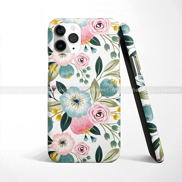 Floral printed phone case with pink, blue, and yellow flowers, slim protective cover