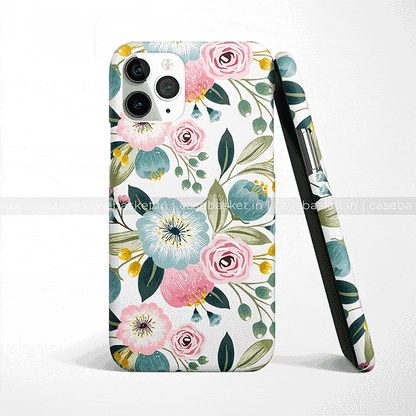Floral printed phone case with pink, blue, and yellow flowers, slim protective cover
