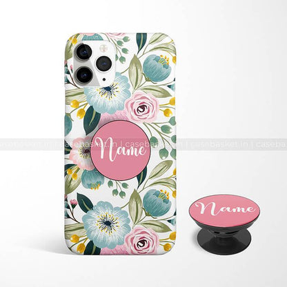Floral phone case with pop socket, pastel flower design, customizable name on pink circle