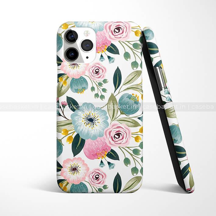 Floral printed mobile phone case with pink, blue, and yellow flowers on white background