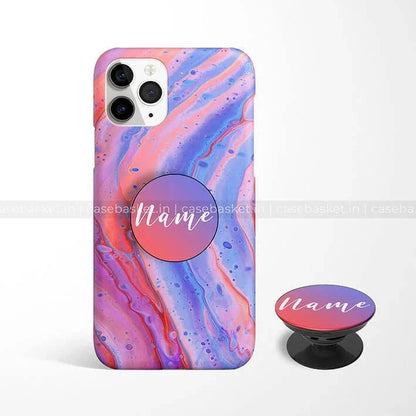 Purple and pink marble phone case and matching pop socket for mobile, customizable design.