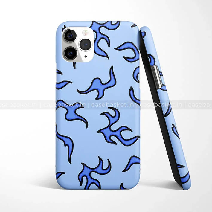 Blue phone case with abstract black-edged flame pattern, compatible with iPhone