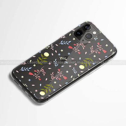 Black floral printed phone case with colorful leaves and fruit design for mobile phones