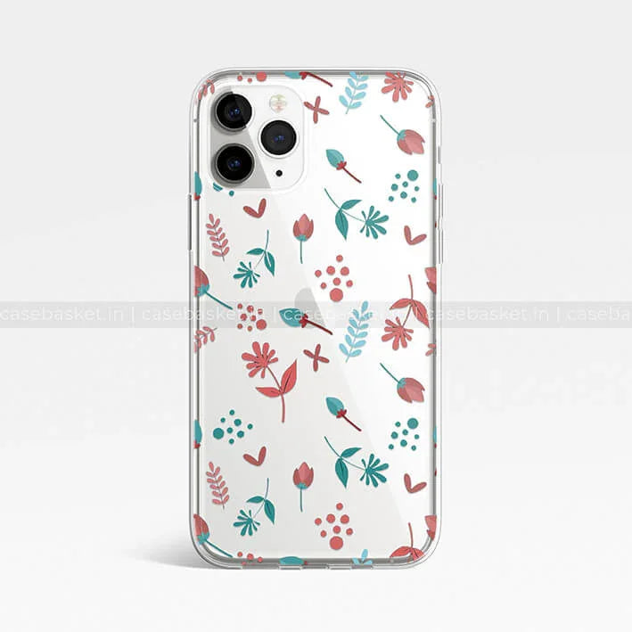 Transparent phone case with red and green floral pattern for iPhone 11 Pro Max.