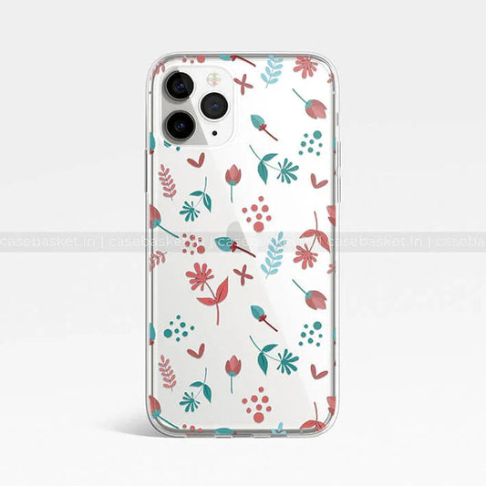 Transparent phone case with red and green floral pattern for iPhone 11 Pro Max.