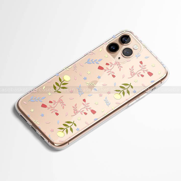 Transparent floral phone case with colorful leaves and flowers for iPhone model