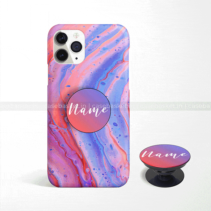 Custom gradient phone case and pop socket with marble pattern in purple, pink, and blue.