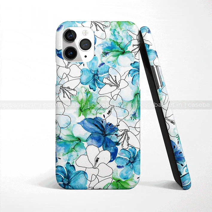 Blue and white floral phone case with watercolor and line art design for smartphones