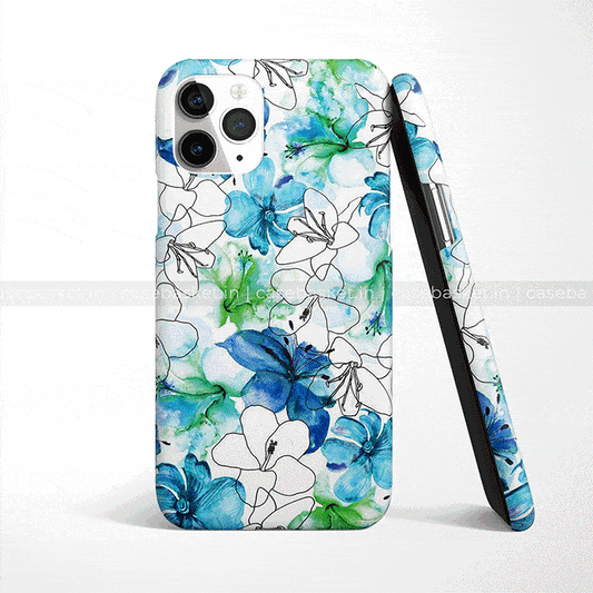 Blue and white floral phone case with watercolor and line art design for smartphones