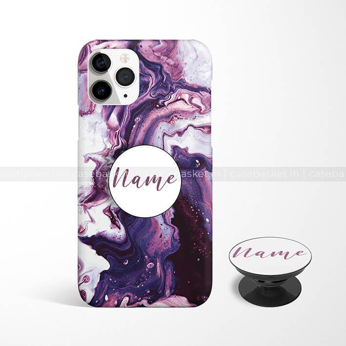 Purple marble swirl phone case and pop socket combo with customizable name text, artistic design
