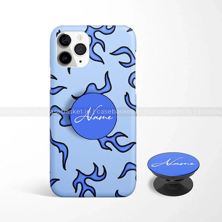 Blue phone case with abstract black flame design and matching grip holder, customizable name text