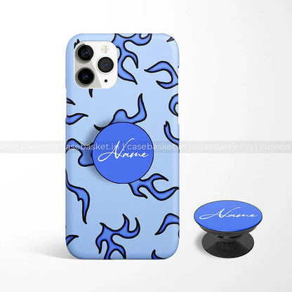 Blue phone case with abstract black flame design and matching grip holder, customizable name text