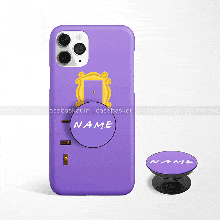 Purple phone case with yellow frame design and matching pop socket, customizable with a name.