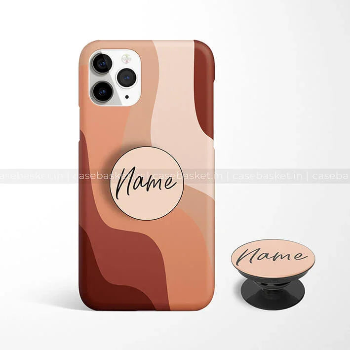 Abstract brown wavy pattern phone case with matching pop socket and customizable name
