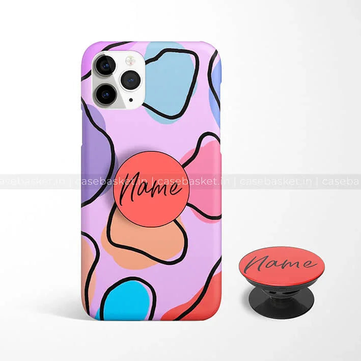 Colorful abstract pattern phone case with matching pop socket, personalized with name text