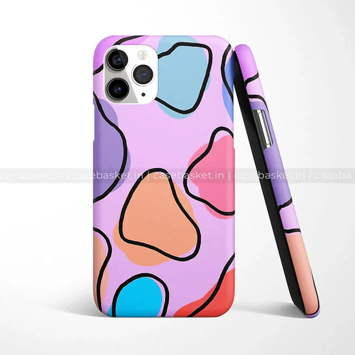 Colorful abstract pattern phone case with pastel shapes on a purple background