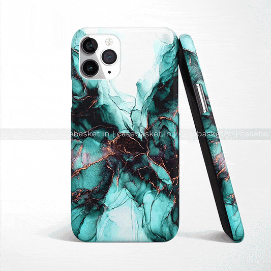 Green marble pattern phone case with gold accents for iPhone