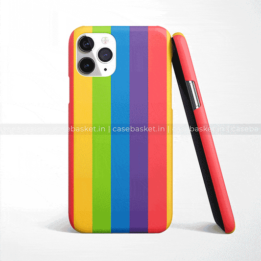 Rainbow striped mobile phone case with vibrant colors and precise camera cutout