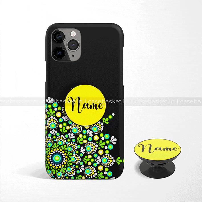 Black phone case with floral design, customizable yellow pop socket for mobile phones