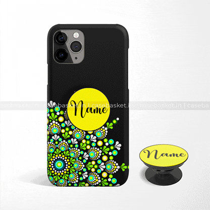 Black phone case with floral design, customizable yellow pop socket for mobile phones