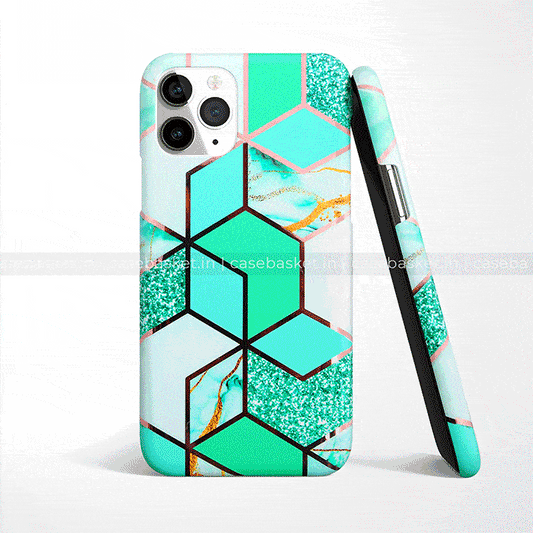 Green geometric marble glitter phone case with gold accents for iPhone
