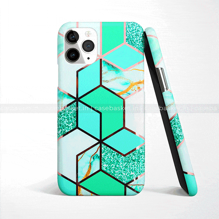 Green geometric marble glitter phone case with gold accents for iPhone