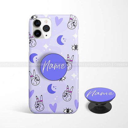 Purple phone case with peace hand signs, hearts, moons, eyes, and matching pop socket.