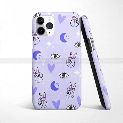 Purple phone case with hand peace signs, hearts, moons, and eye patterns for iPhone.
