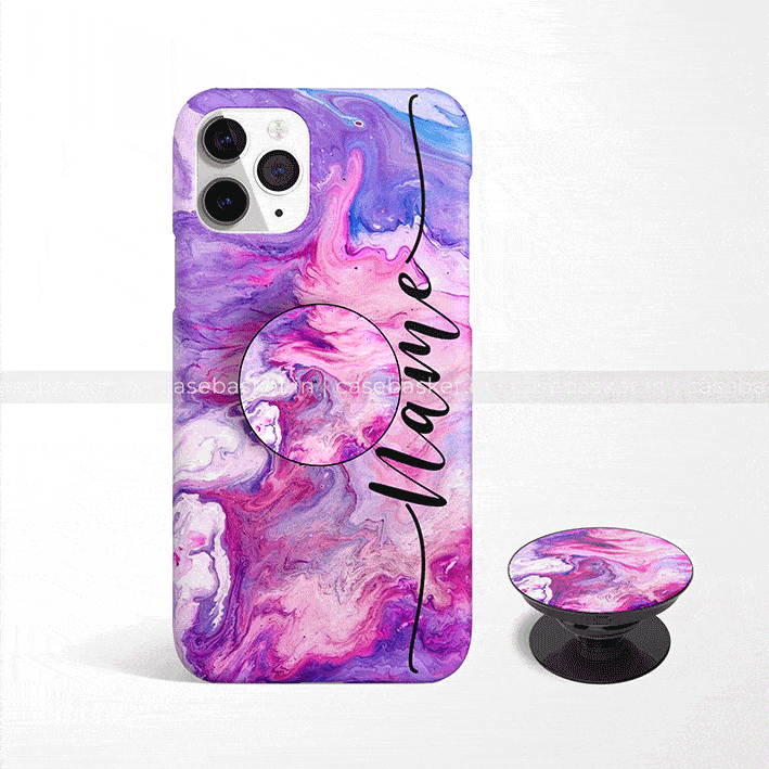 Customizable pink and purple marble phone case with matching pop socket for iPhone.