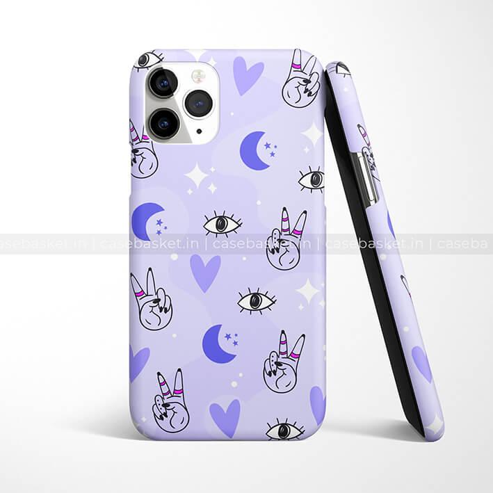 Lavender phone case with doodle peace signs, eyes, hearts, and moon pattern