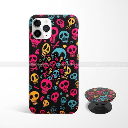 Black phone case with colorful skull pattern and matching pop socket, mobile cover accessory