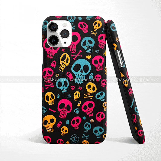 Black smartphone case with colorful skull pattern in yellow, blue, and pink, shown from back and side.