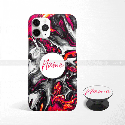 Abstract black, red, and white marble phone case and matching pop socket with customizable name text