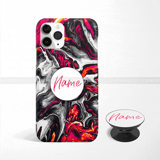 Abstract black, red, and white marble phone case and matching pop socket with customizable name text