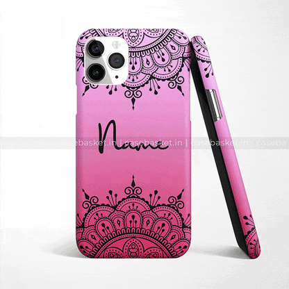 Custom pink mandala design mobile phone case with name text, standing and angled views