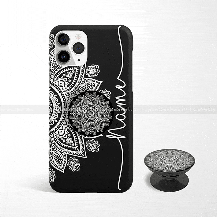 Black phone case and pop holder with intricate white mandala design and customizable name text