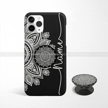 Black phone case and pop holder with intricate white mandala design and customizable name text