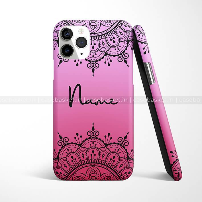 Pink mandala phone case with customizable name text and black intricate design for iPhone