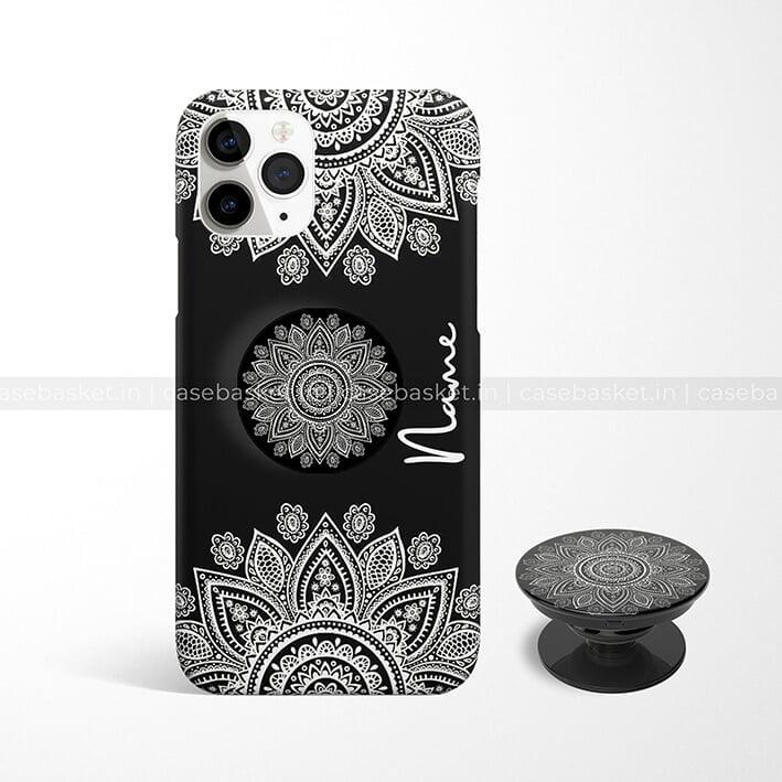 Black phone case with white mandala design and matching pop socket for mobile